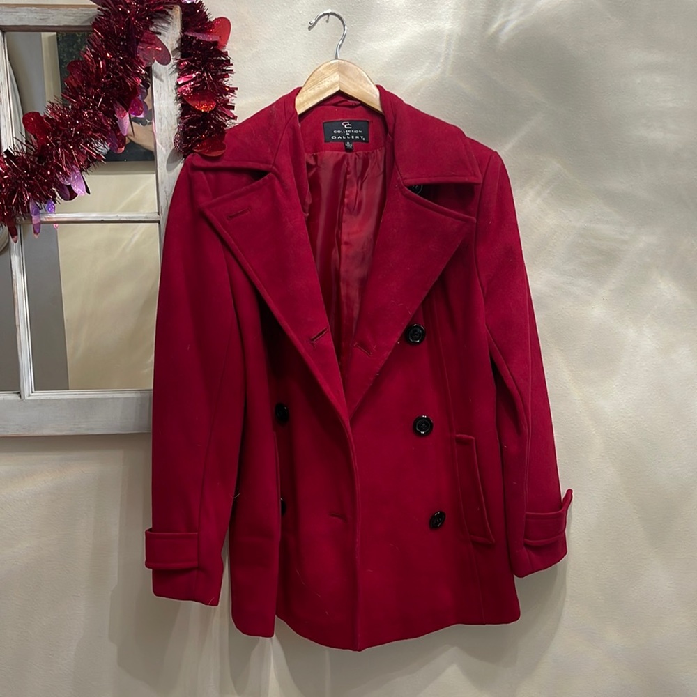 Read pea coat with black buttons
